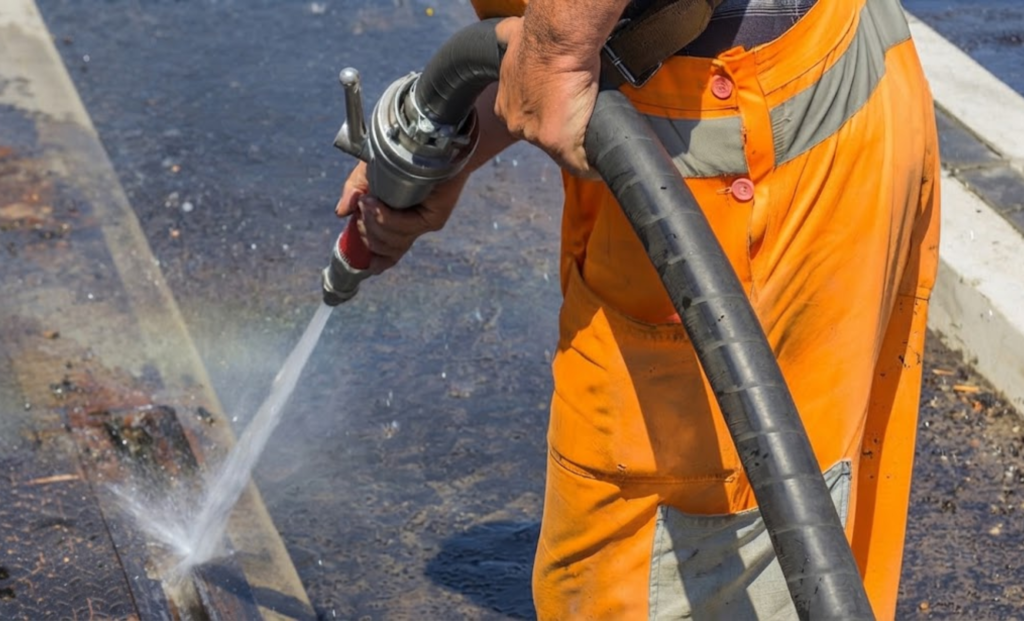Worker in orange safety gear spraying a high-pressure water jet