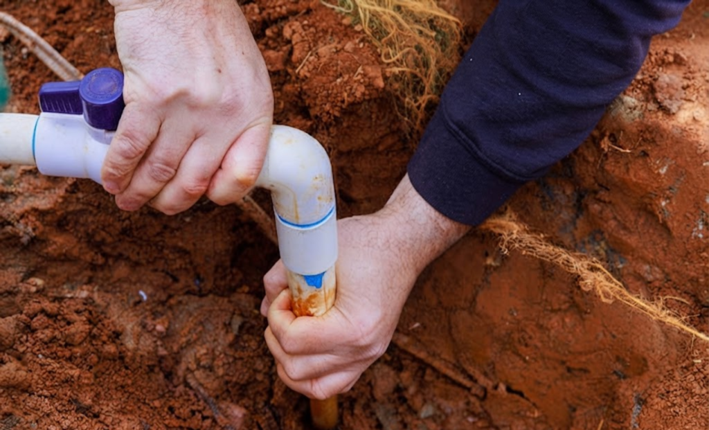 Hands connecting a white PVC pipe fitting in soil