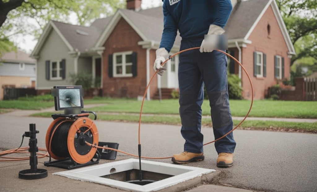 Plumbing technician with a camera reel working at an outdoor access point outside a brick house
