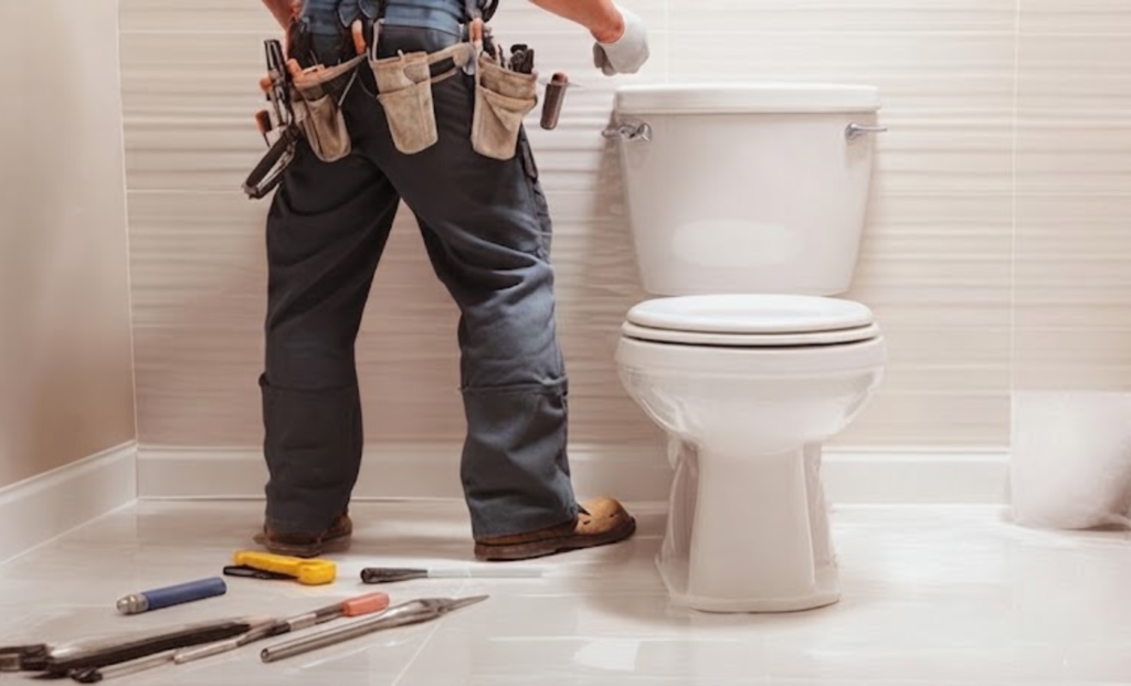 Plumber with a tool belt standing beside a white toilet in a tiled bathroom