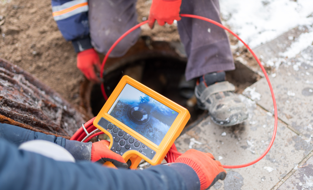 Technician viewing a sewer camera monitor beside an open access point