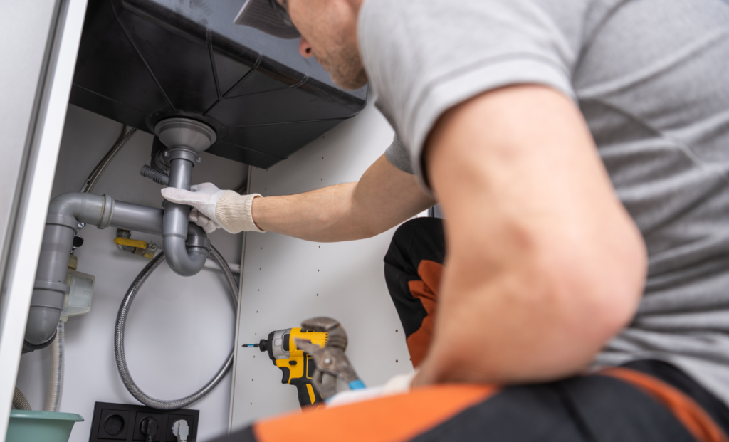 Plumber working on the drain pipes under a kitchen sink