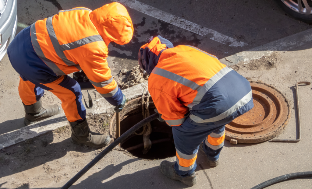 Two workers in high-visibility jackets at an open sewer manhole