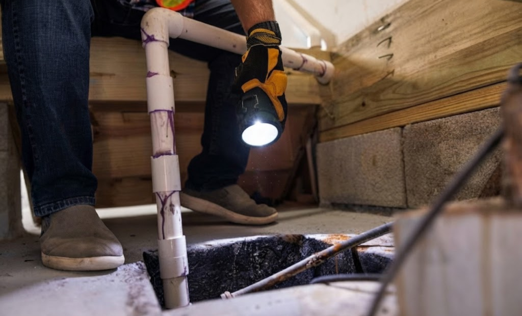 Technician inspecting basement pipes with a flashlight