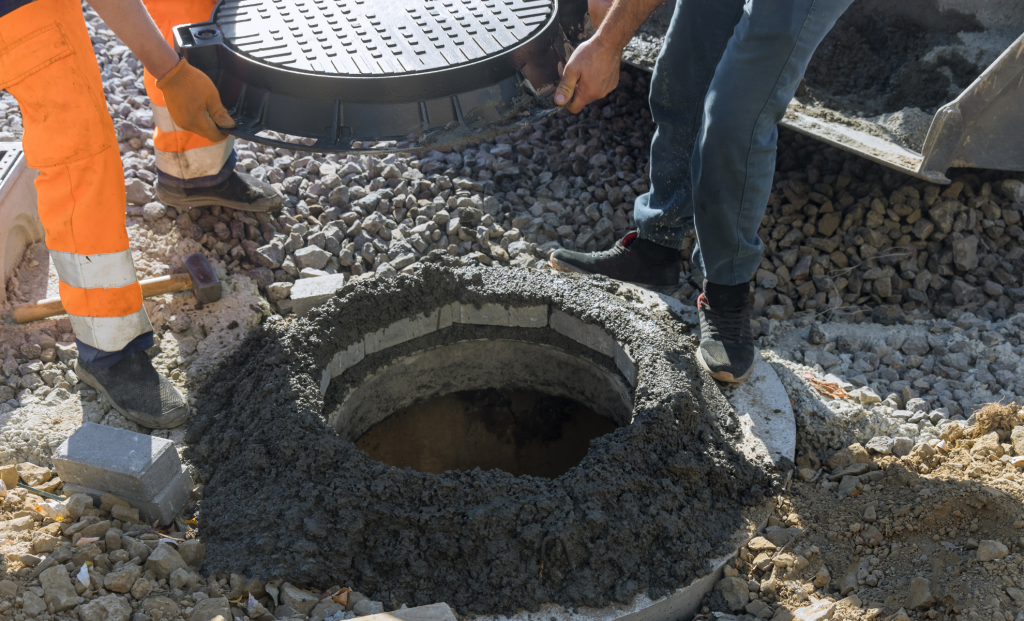 Open catch basin in a gravel area