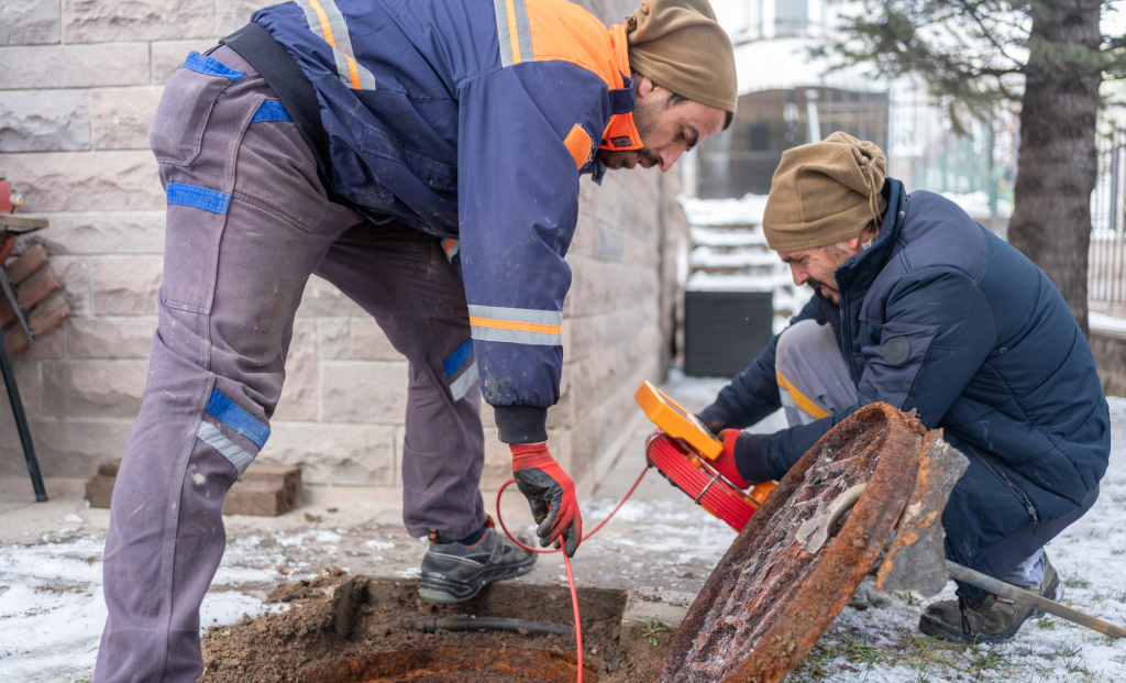 Two technicians working at an open street sewer access point