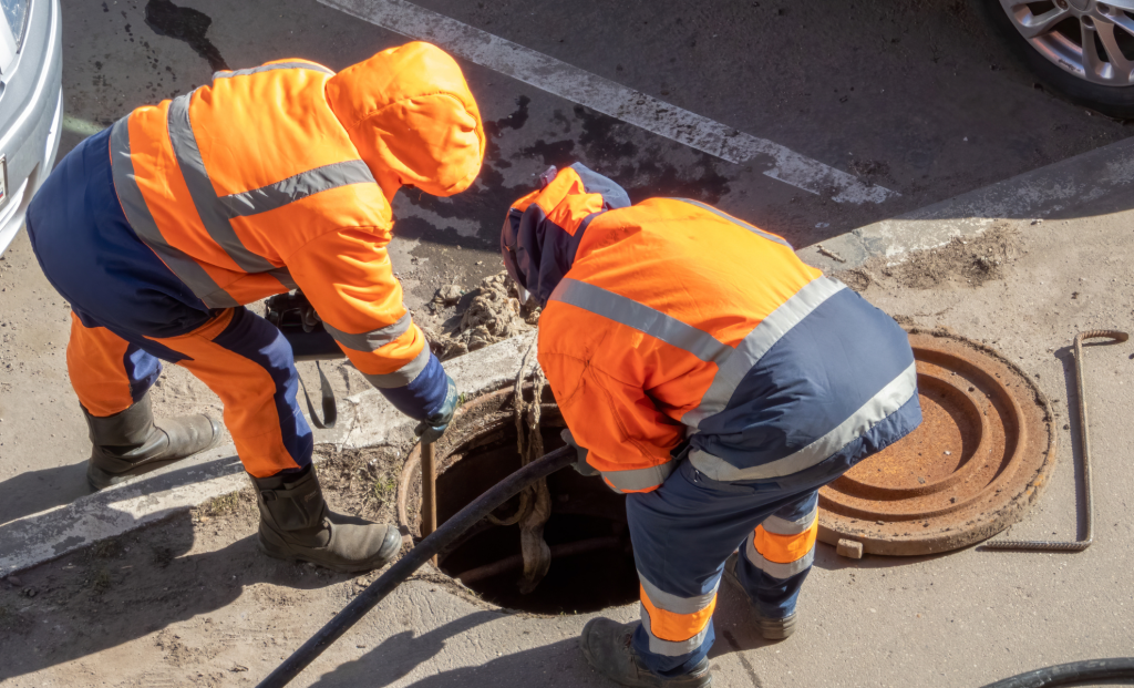 Crew in orange safety gear working at a street manhole