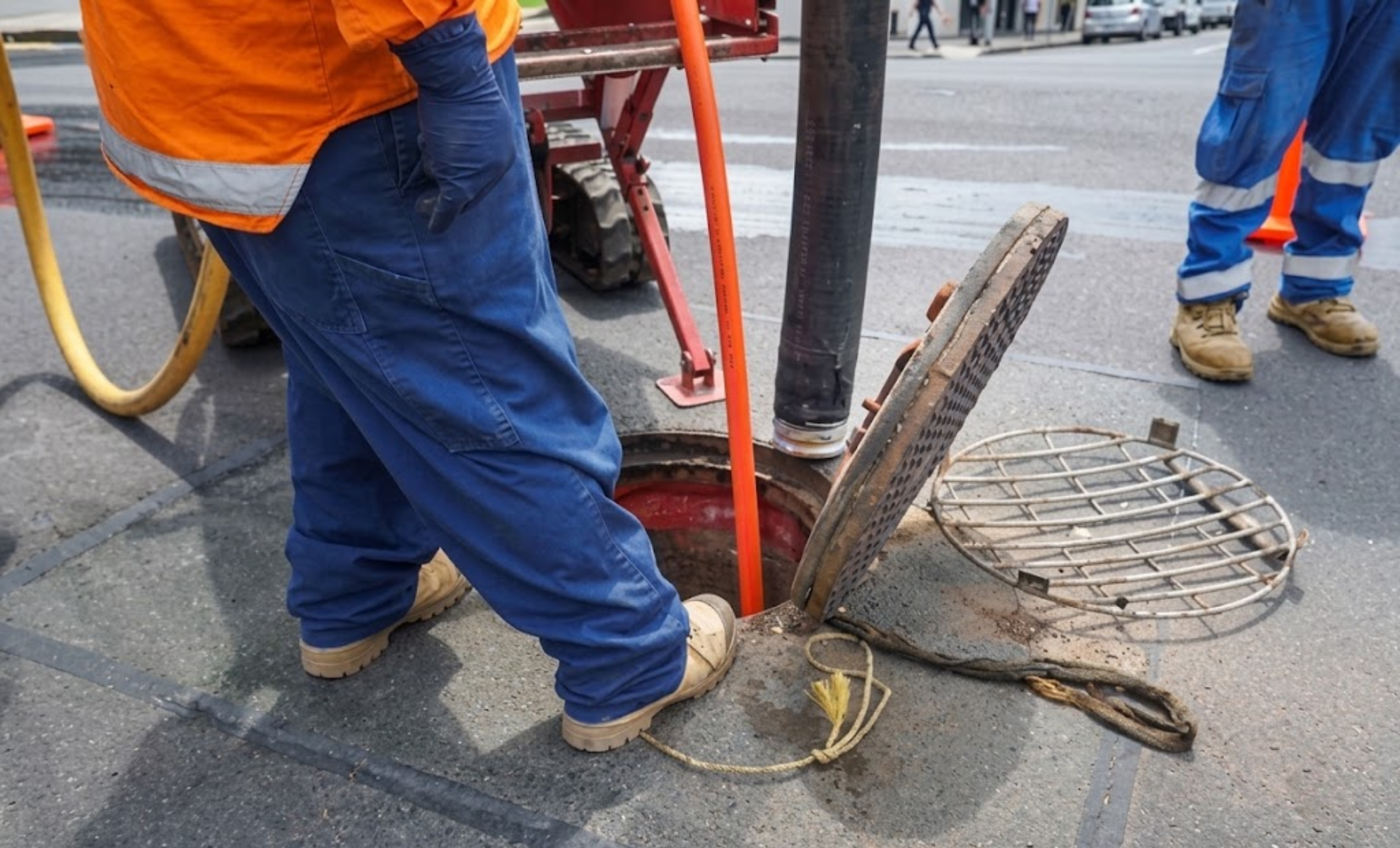 Technician feeding a cable into an open sewer line access point