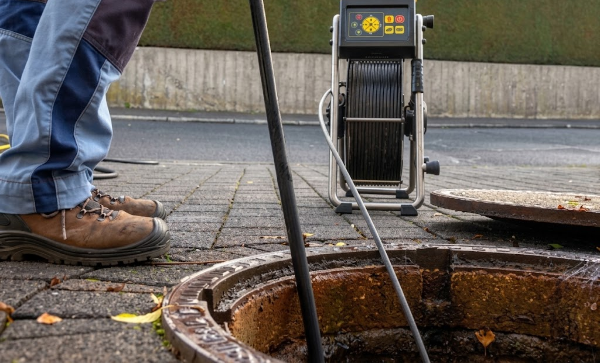 Sewer camera reel lowering an inspection cable into a sewer opening