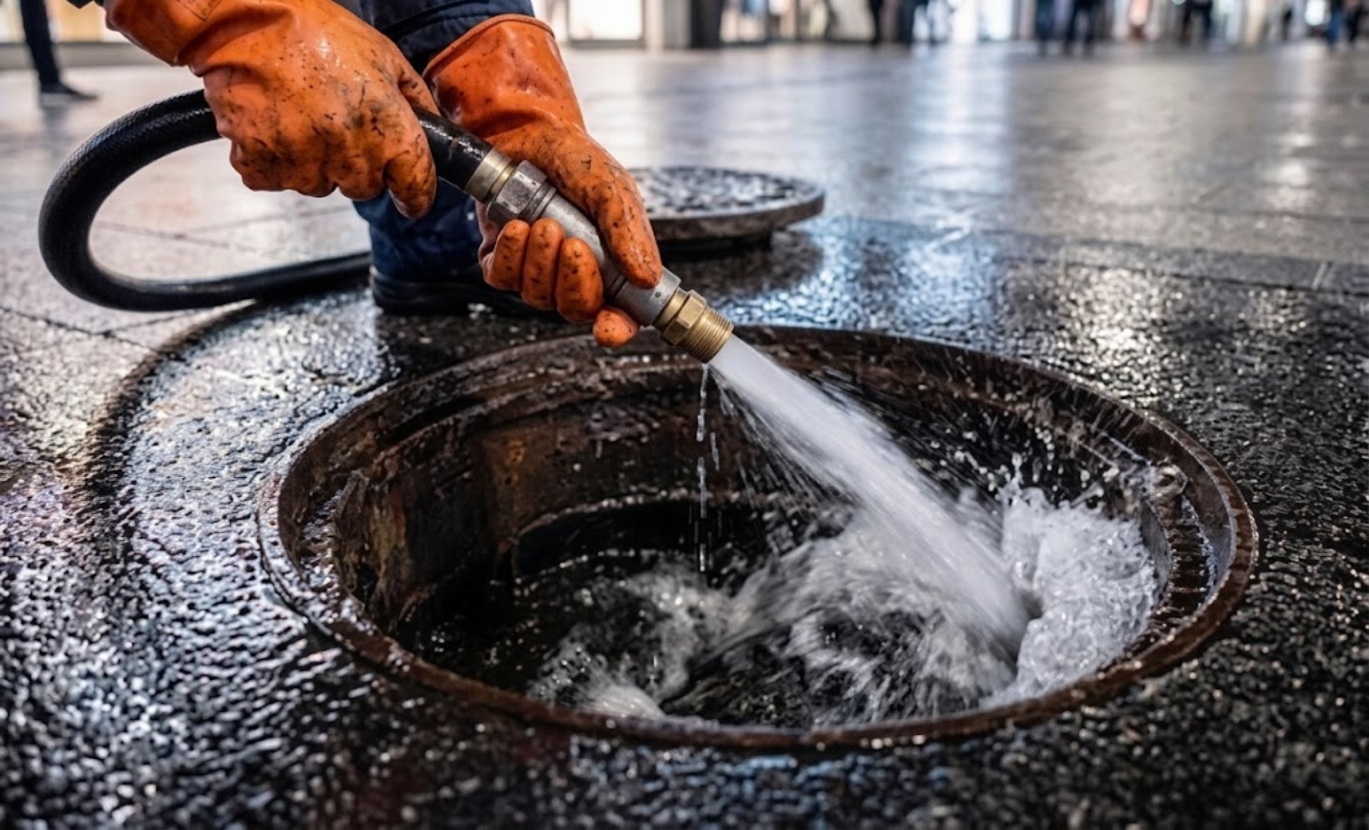 Gloved worker flushing a sewer drain opening with a pressurized water hose
