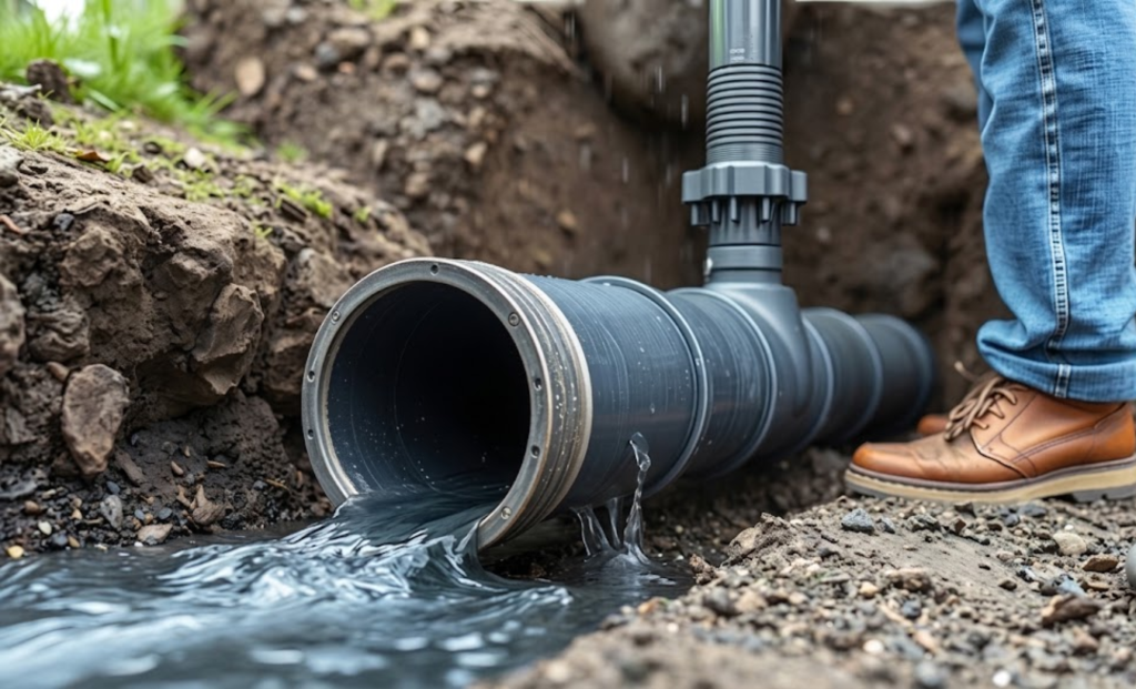 Clear water flowing from a drain pipe outlet