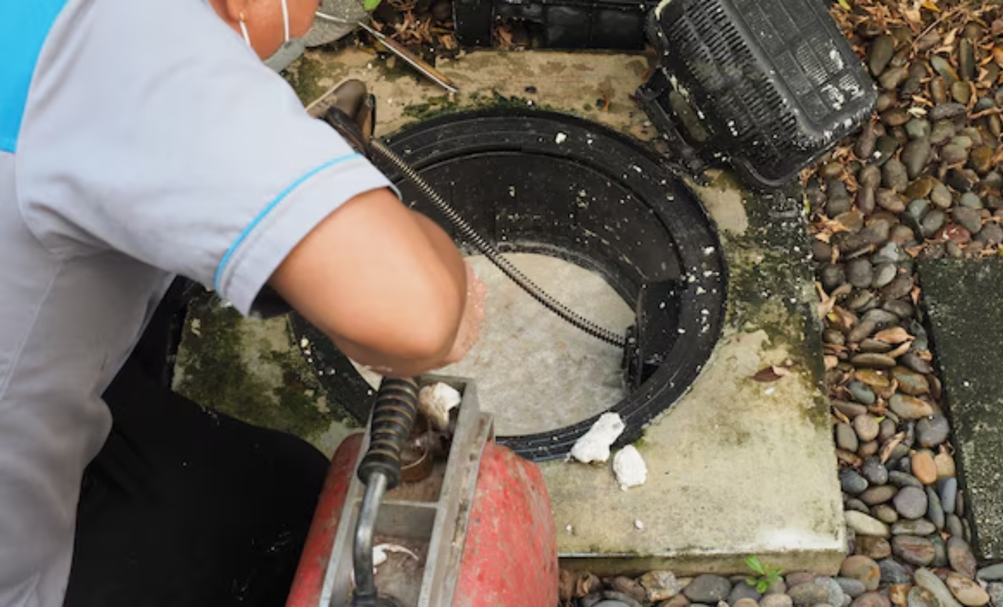 Hands working in a basement sump basin