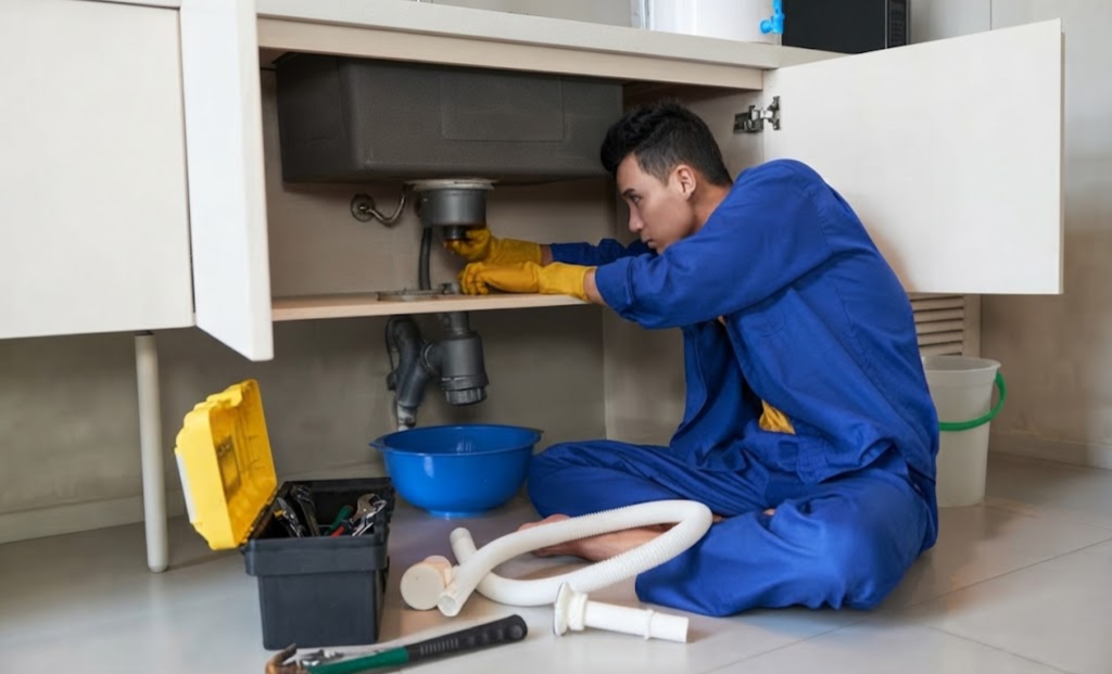Plumber repairing pipes under a kitchen sink