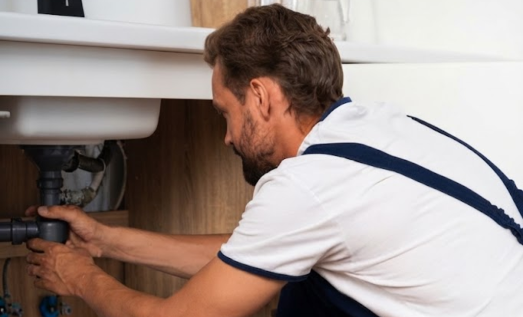 Plumber working on drain pipes under a sink