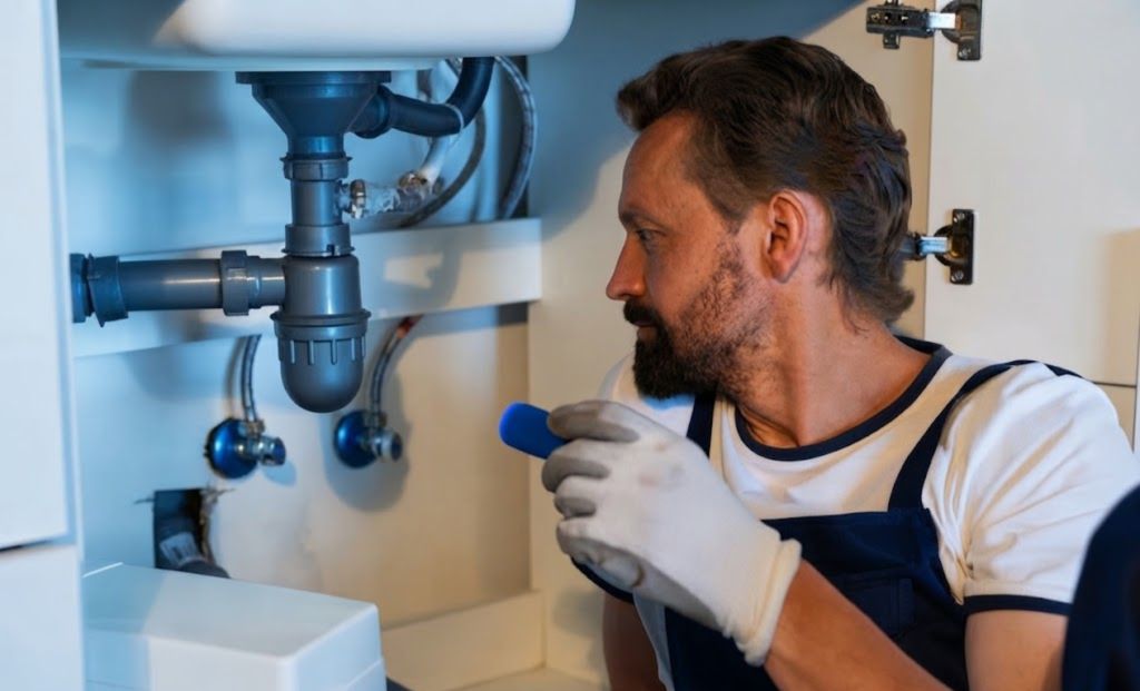 Plumber checking pipes under a bathroom sink