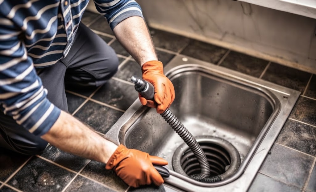 Plumber feeding a drain cable into a kitchen sink drain