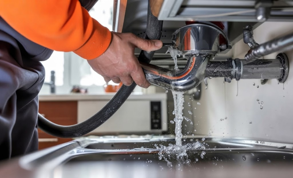 Plumber working on a kitchen sink drain