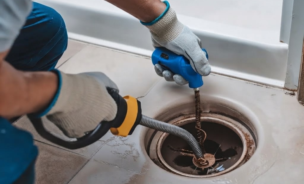Drain auger cable being fed into a floor drain