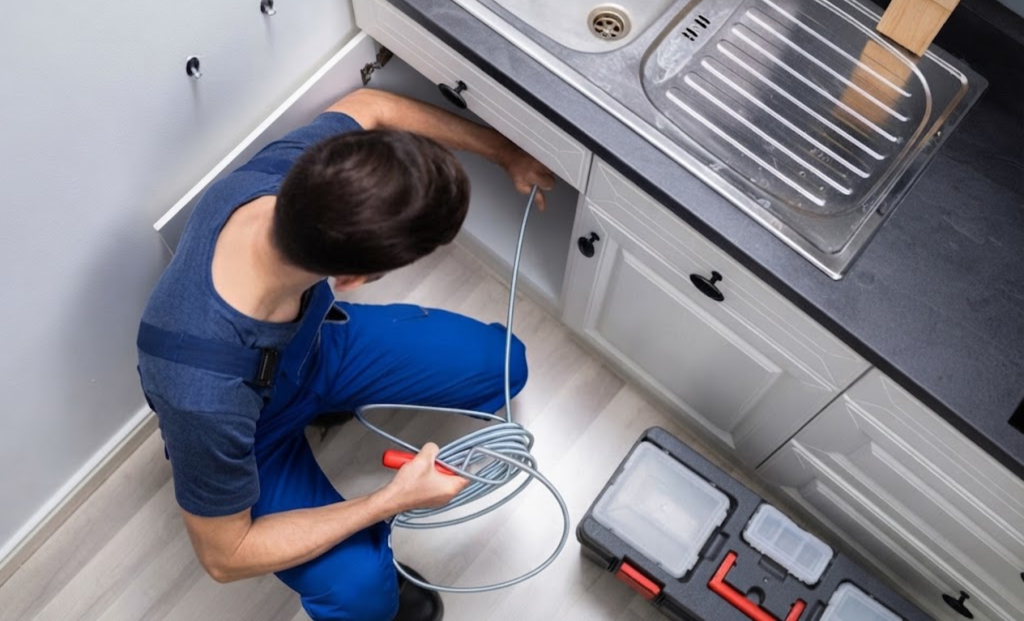 Plumber working inside a kitchen sink cabinet